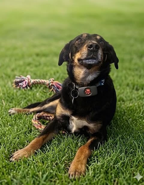 A black‑and‑tan dog lying on short green grass, wearing a collar with a paw‑print tag, with a multicoloured rope toy beside its front paws.