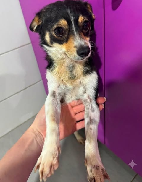 Small tricoloured dog with black, white, and tan fur being gently supported by a person’s hand, looking up with a calm, slightly curious expression. The dog is indoors, with a purple surface and white tiled wall visible in the background.