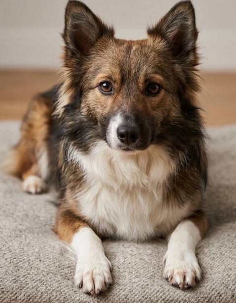 A medium‑sized dog with a thick brown, black and white coat lies on a light textured rug indoors, front legs stretched forward and ears upright, looking attentively toward the camera.